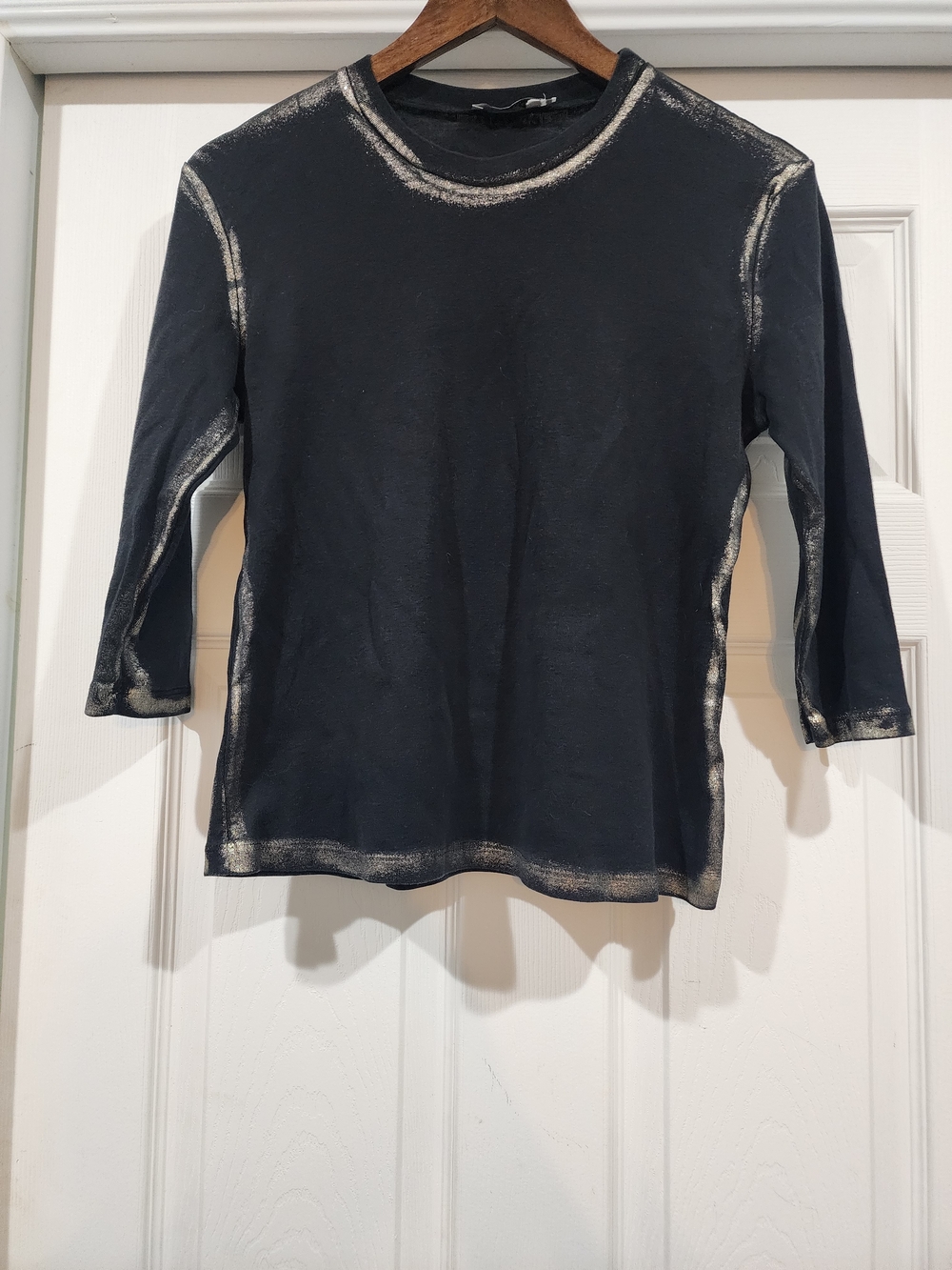 Black Long Sleeve Crewneck Top with Faded Trim